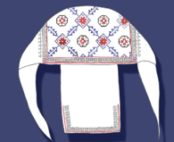 Deisis-collection,  linen Paradise gown, with beautiful hand embroidered cross in front of collar. Collar and cuffs are decorated with border-lace